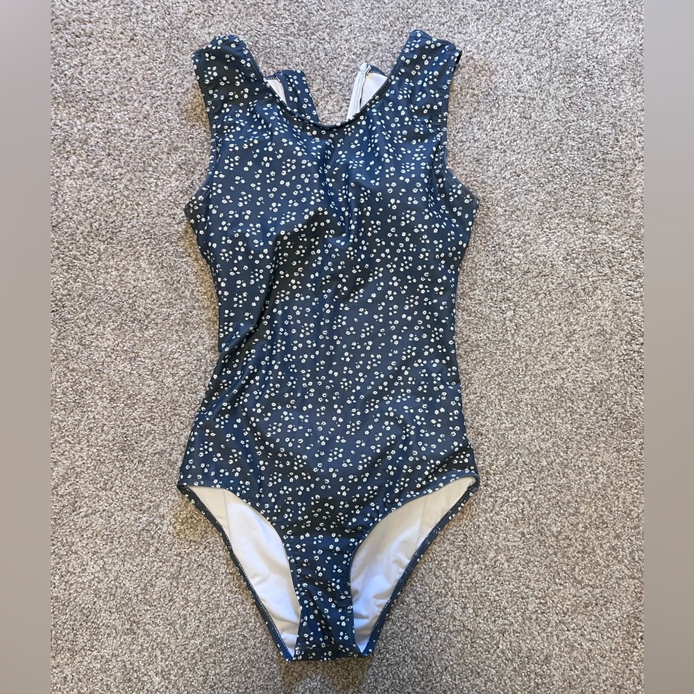Blue Floral One-Piece Swimsuit - Classic Scoop Back - Picture 3 of 7